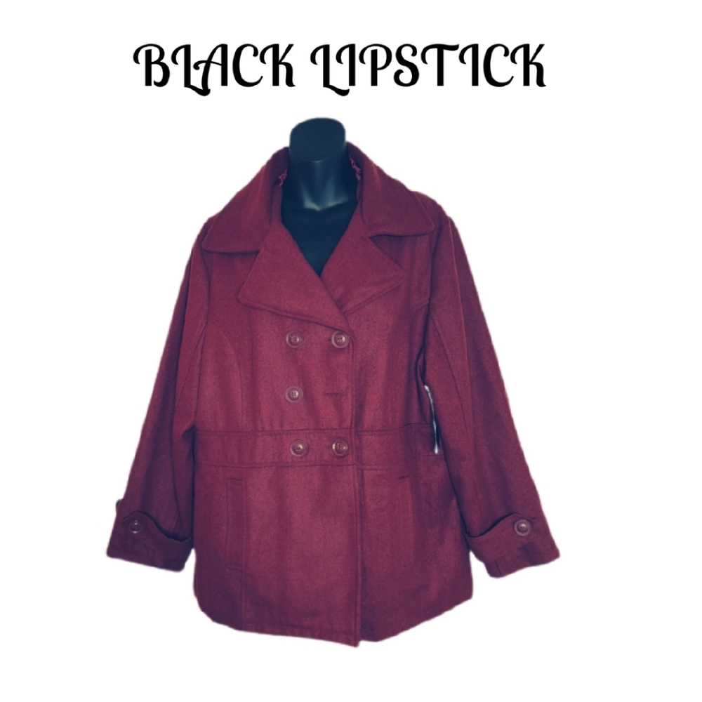 BLACK LIPSTICK BURGUNDY WOOL BLEND  PEA COAT NWT - Picture 2 of 5